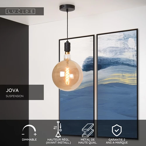 Lucide JOVA - Suspension - Ø 10 cm - 1xE27 - Noir - USP